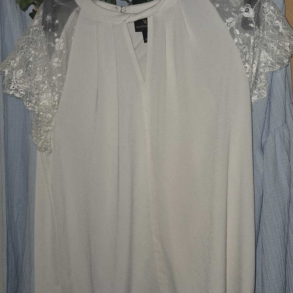 Worthington White Blouse with Lace Sleeves
